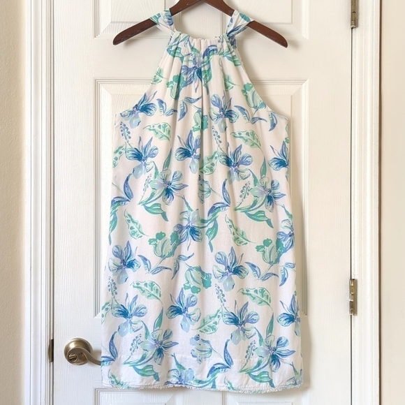 Charlie Paige Floral Linen Blend Sleeveless Halter Neck Mini Dress White Blue L - Picture 1 of 14